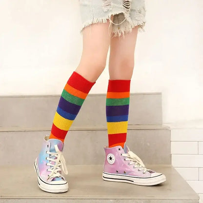 New Arrival Children Rainbow Socks Kids Sport Girls Boys Colorful Striped Soft Cotton Knee High Socks Toddler High Quality 2-12T