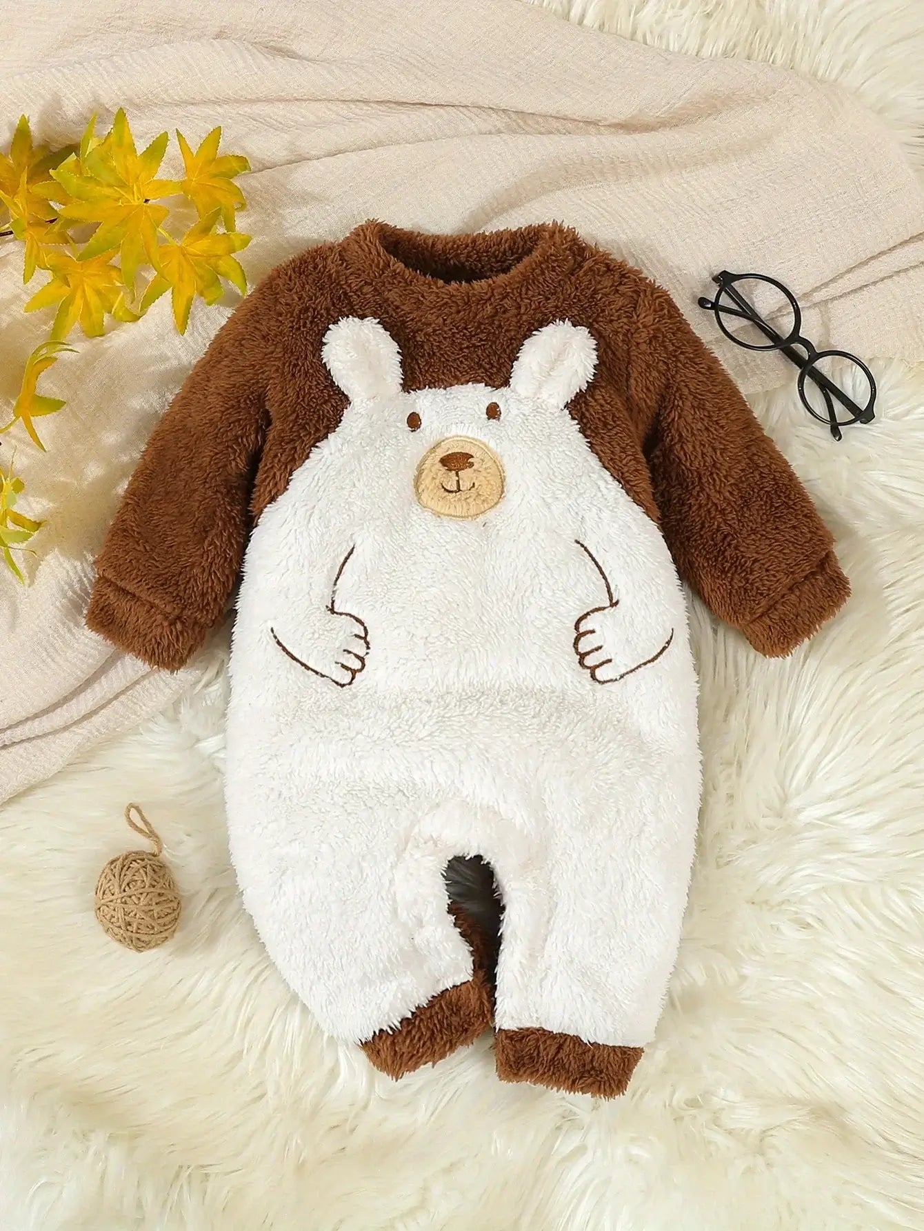 Cute Little Bear Embroidery And Patchwork Plush One-Piece Dress For Warm Clothes For Boys And Girls In Autumn And Winter