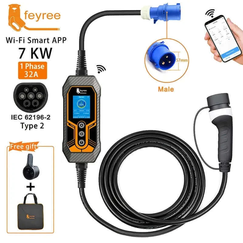 feyree Portable EV Charger Type2 32A 7KW EVSE Wi-Fi APP Control.