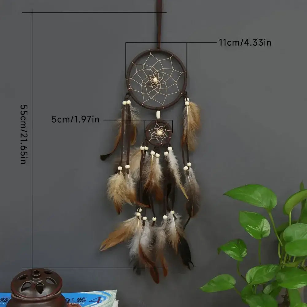 1Pc Wind Chime Dream Catcher with Light Indian Dream Catcher with Brown Feathers Wall Hanging Dream Catcher Bedroom Accessories