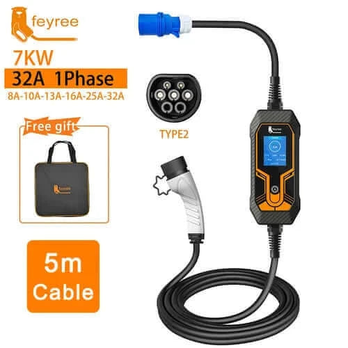 feyree Portable EV Charger Wallbox Type2 Cable 32A 7KW with CEE Plug