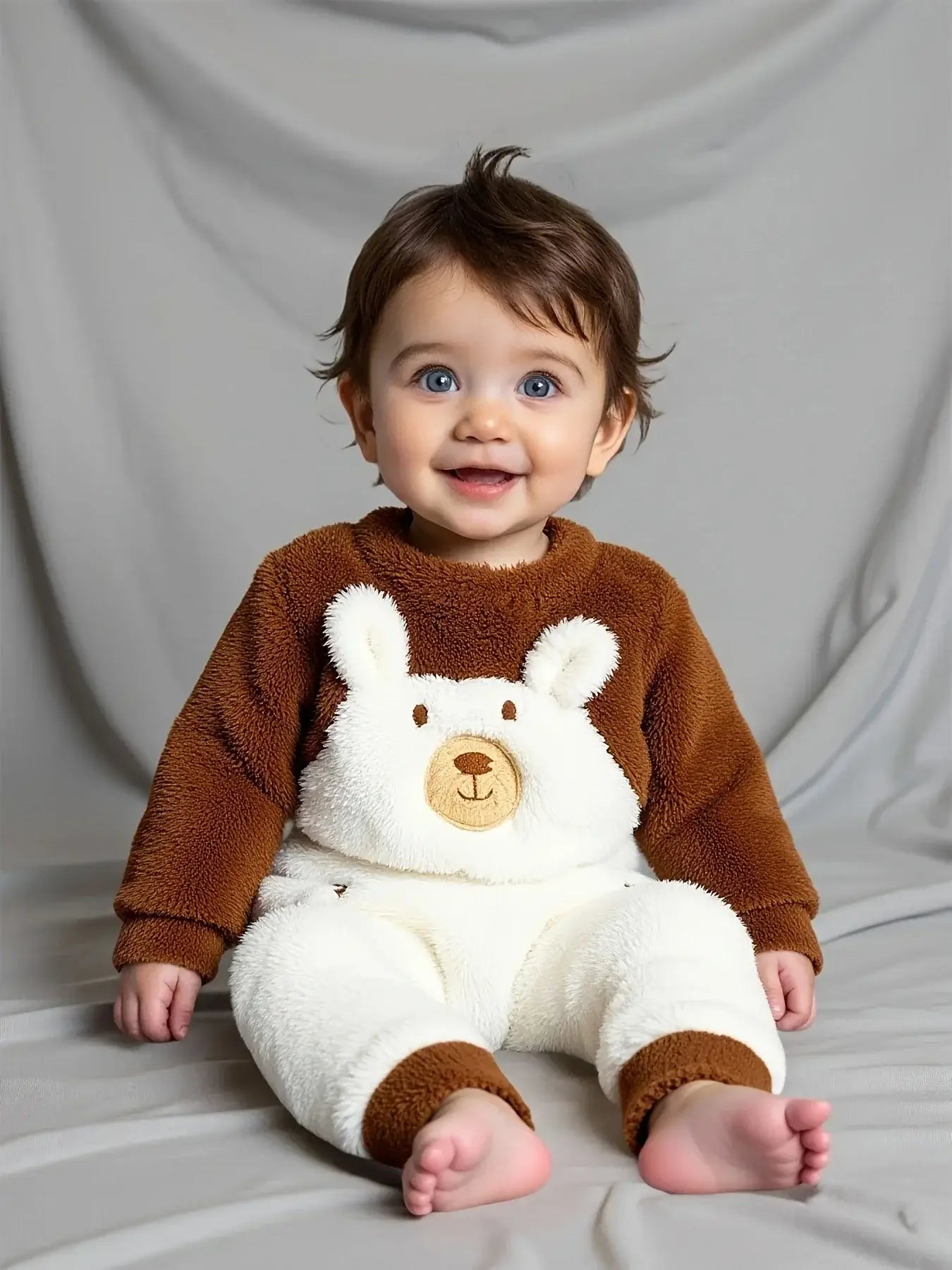 Cute Little Bear Embroidery And Patchwork Plush One-Piece Dress For Warm Clothes For Boys And Girls In Autumn And Winter
