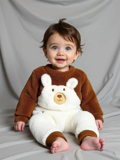 Cute Little Bear Embroidery And Patchwork Plush One-Piece Dress For Warm Clothes For Boys And Girls In Autumn And Winter