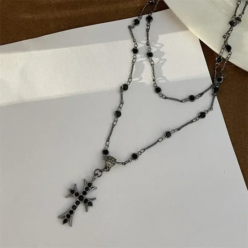Summer Black Rhinestone Cross Jesus Pendant Choker Necklace for Women Punk Vintage Double Layers Chain 2025 Neck Boho Jewelry