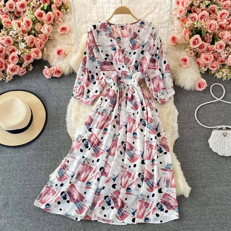 Elegant Floral V-neck Midi Dress for Women