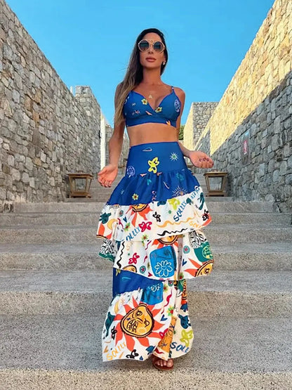 New Two Pieces Skirt Sets Suspenders Tube Top Skirts Sweet Printed Bra Bare Waist Chic Evening Party Clothing Beach Dance Robe