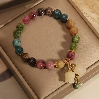 1pc Chinese Style Multi Gemstone Beaded Bracelet Lily of The Valley Pendant Bracelet Vintage Healing Stone Bracelet Elegant Daily Wear Jewelry For Women