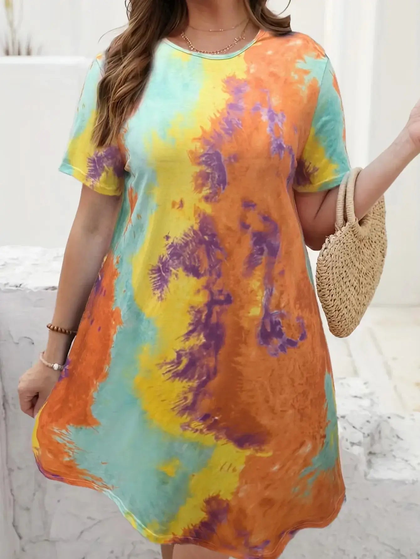 New Multicolor Tie-Dye Printed Oversized Short-Sleeved Dress