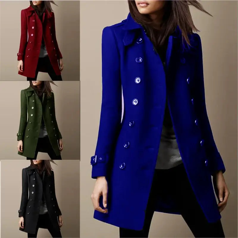 Winter Ladies Woolen Jackets Double Breasted Flap Lapel Lined Top Coat