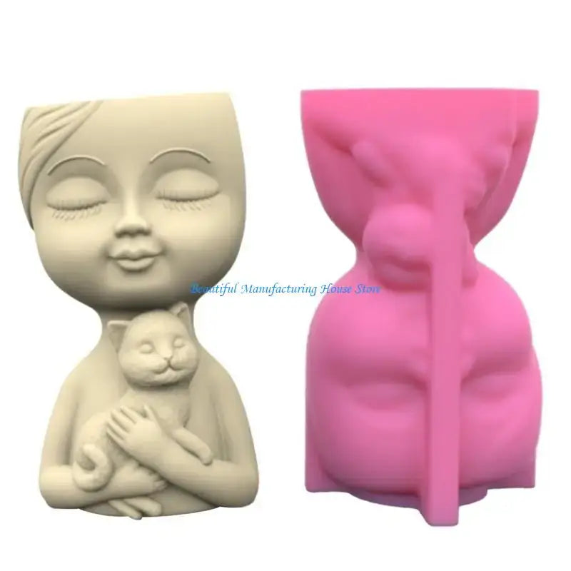 E56A Silicone Mold for Succulent Plant Pots Mini Garden Statues Boy and Puppy Flower Pot Mold Unique Pen Holder Resin Molds