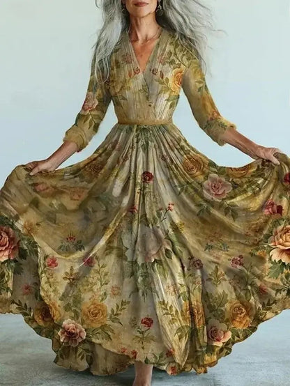 New Bohemian Style Long Sleeve Mesh Dress Vacation Vibes Full Skirt Chiffon Dress V-neck Ankle-length Regular Waistline