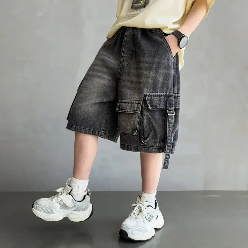 2026 Summer New Kids Designer Black Denim Cargo Shorts Tweens Boy Casual Straight Jeans Shorts For Child Age 5 6 8 10 12 14 Yrs