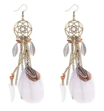 Boho Ethnic Dream Catcher Feather Antique Long Hook Earrings Fancy Handmade Chain Tassle Earring For Women Jewelry