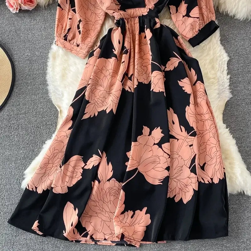 Elegant Floral V-neck Midi Dress for Women