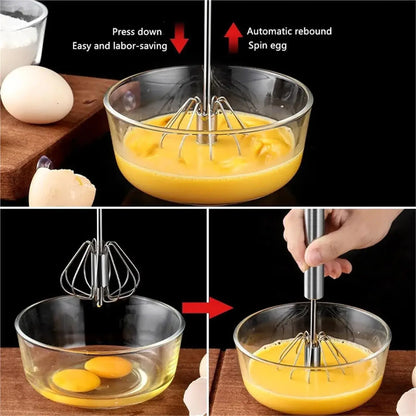 1pcs Stainless Steel Semi-Automatic Whisk, Stainless Steel Egg Whisk Hand Push Rotary Blender, Versatile Hand Push Mixer Stirrer Tool