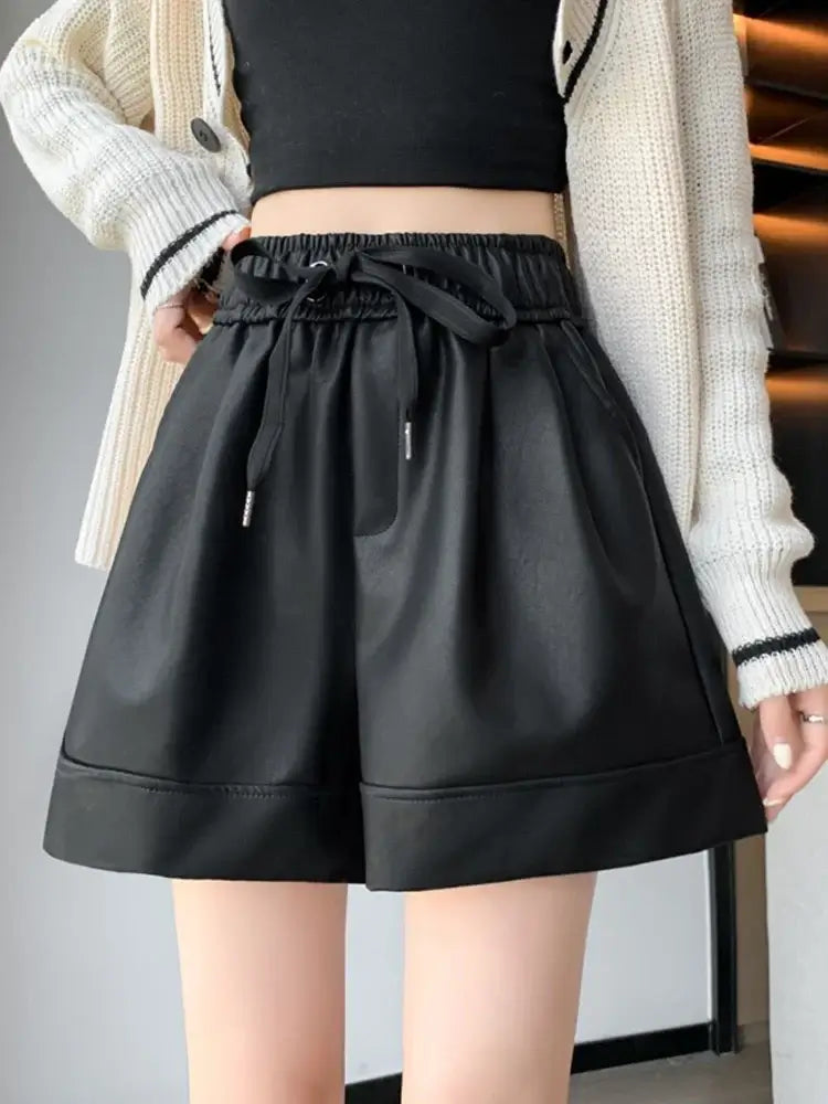 High Waist PU Leather Shorts Women&