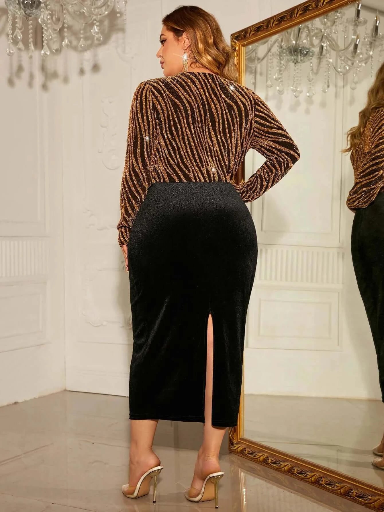 1XL 4XL Plus Size Dress Deep V Long Sleeve Sequins Wrap Party Dress