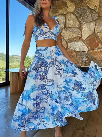 New Two Pieces Skirt Sets Suspenders Tube Top Skirts Sweet Printed Bra Bare Waist Chic Evening Party Clothing Beach Dance Robe