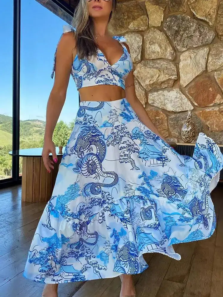 New Two Pieces Skirt Sets Suspenders Tube Top Skirts Sweet Printed Bra Bare Waist Chic Evening Party Clothing Beach Dance Robe