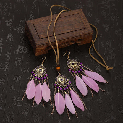 2pcs Feather Necklace Earring Set Women&