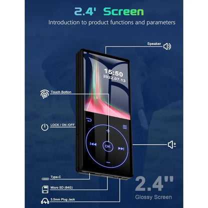 96GB MP3 Player with Bluetooth 5.0, HD Speaker 2.4" Screen Voice Recorder FM Radio, Supports 64GB, Includes Earphones &amp; TF Card