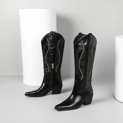 Cowboy Boots For Women Sparkly Cowgirl Knee High Boots With Unique Embroidery And Chunky Heel Ideal For Daily Wear Parties And D