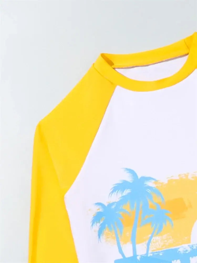 Boy Swimsuit 2024 New Coconut Tree Graffiti Long Sleeves Children.