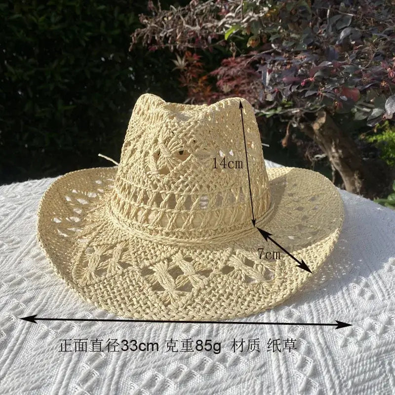 Straw Hat for Women Men Summer Handmade Classic Vintage Hollow Out Western Curled Wide Brim Sun Hat Fishing Hat Climbing Cap