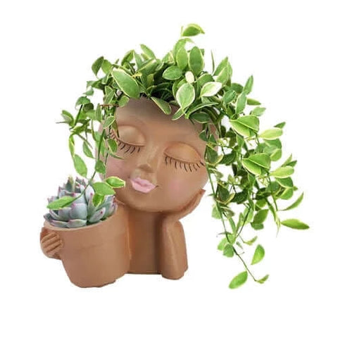 Girls Face Head Flower Planter Closed Eyes Figure Sculpture Resin.