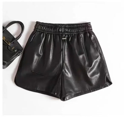 Goatskin Shorts for Women Italian Fashion Wide Leg Slim Drawstring Genuine Leather Pants Mujer Brown Pantalones Cortos  Clothing