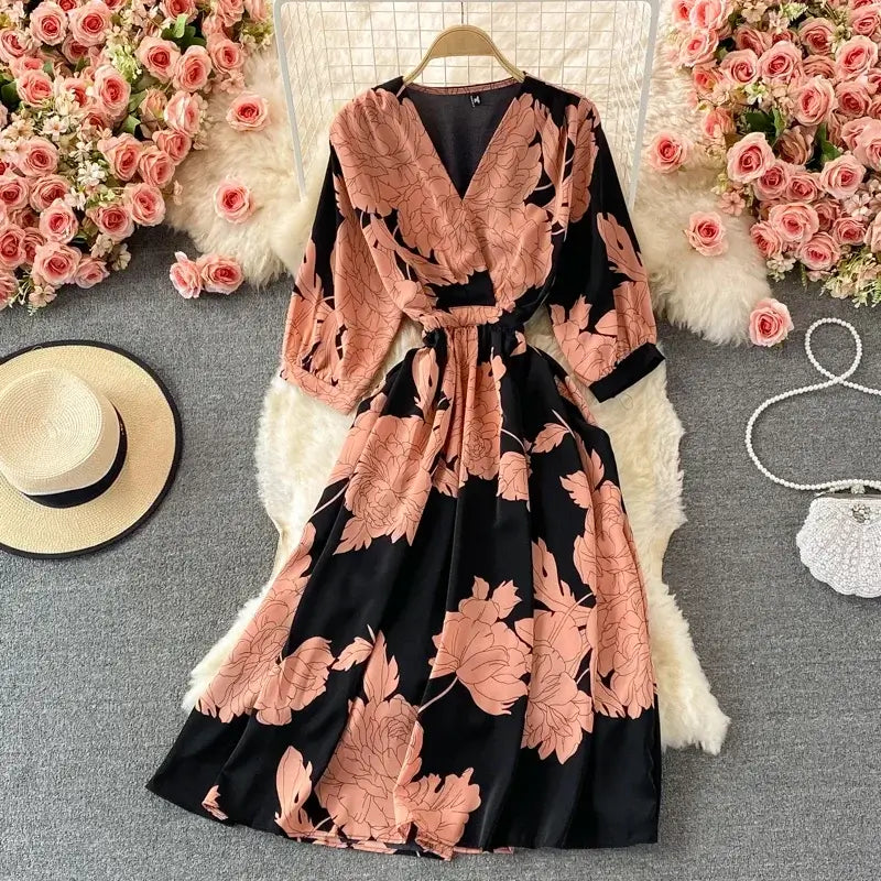 Elegant Floral V-neck Midi Dress for Women