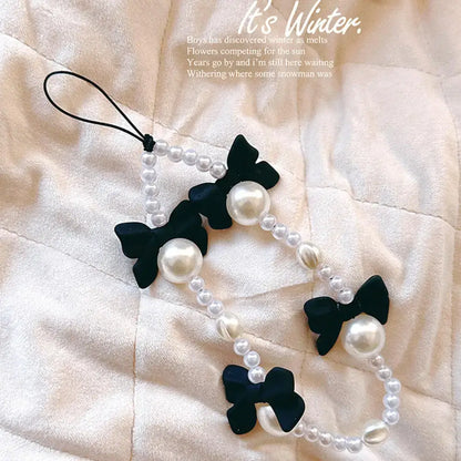 1pc Charm Bowknot Mobile Phone Chains For Women Girls Telephone Charm Strap Pink Black Acrylic Pearl Beaded Lanyard Jewelry Gift