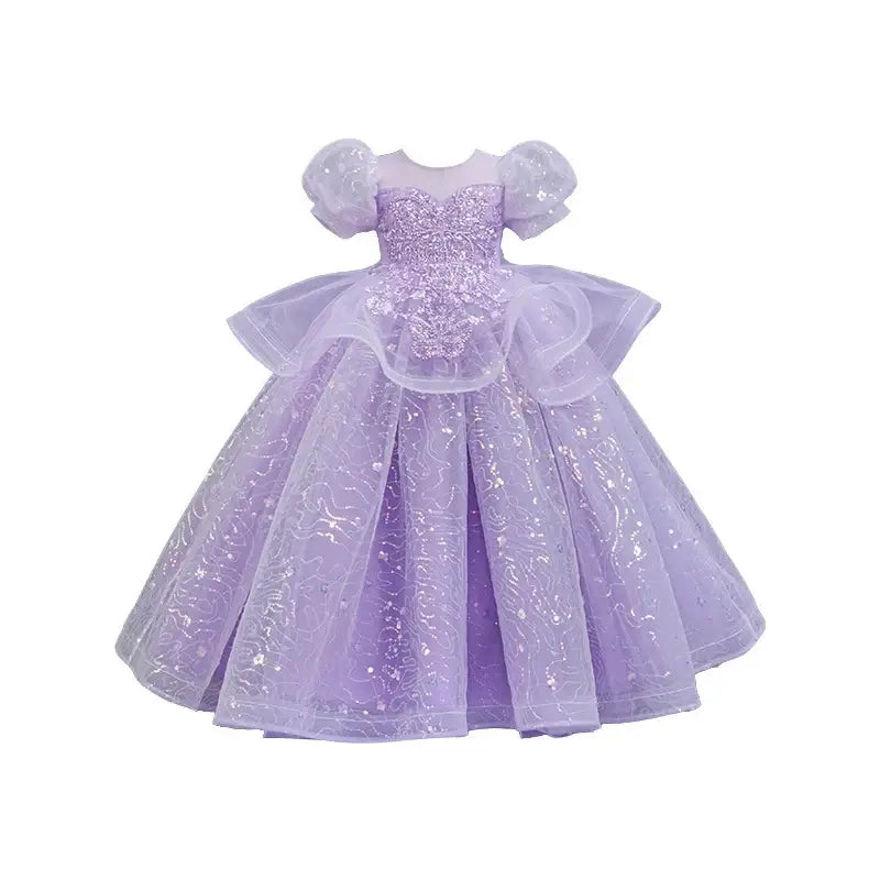 New High-End Luxury Flower Girl Wedding Show Performance Dress for Girls, Puff Sleeve Sequin Princess Dress