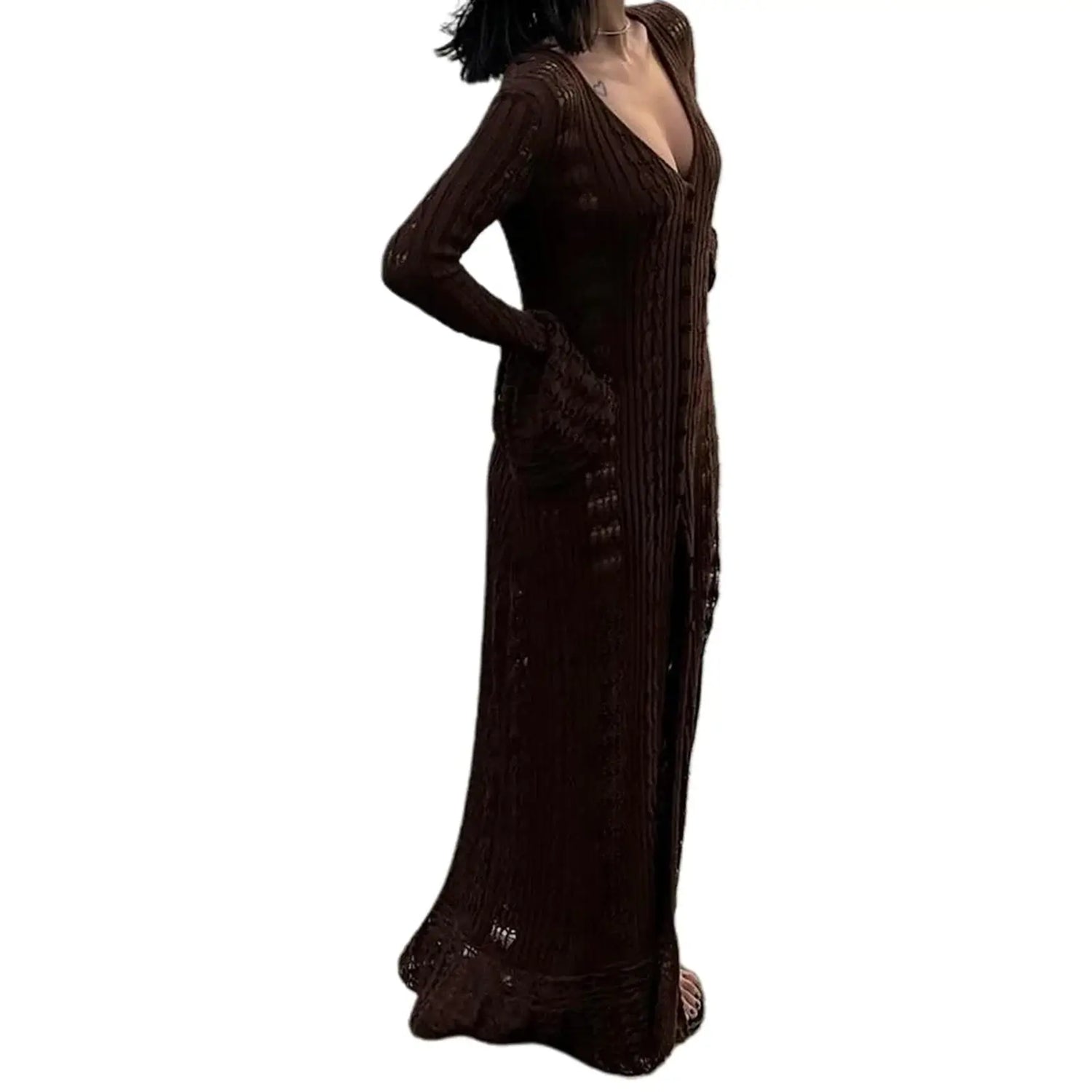 Ladies Long Sleeve Knit Cardigan with Button Closure and Hollowed Design Solid Color Fall Jacket for Everyday Wear on the