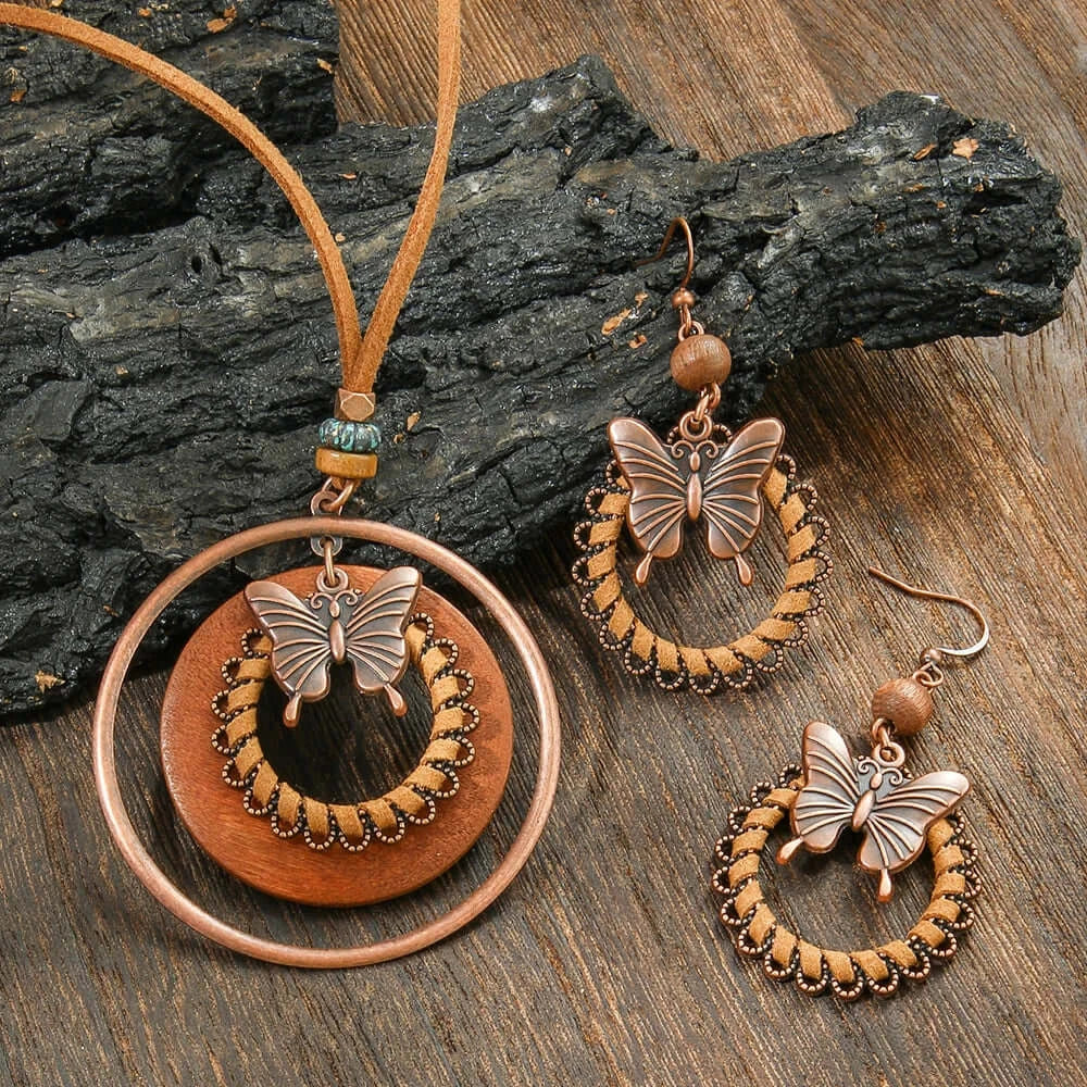 Vintage Butterfly Jewelry Set Pendant Double-layer Necklace log Style Handmade Winding PU Leather Sweater Chain Daily Wear Gifts