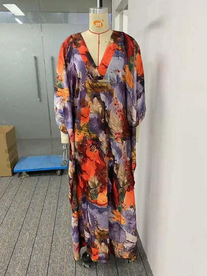 fashion women Bohemia Long Dresses Vacation Printed Maxi Dress Elegant Vintage Gauze Asymmterical Batwing Sleeves party dress