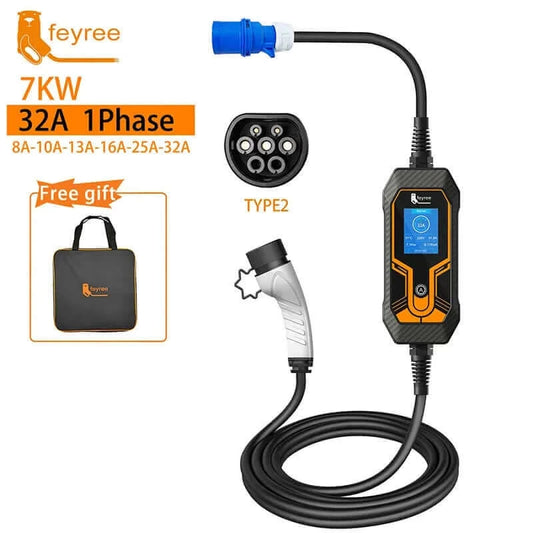 feyree Portable EV Charger Wallbox Type2 Cable 32A 7KW with CEE Plug