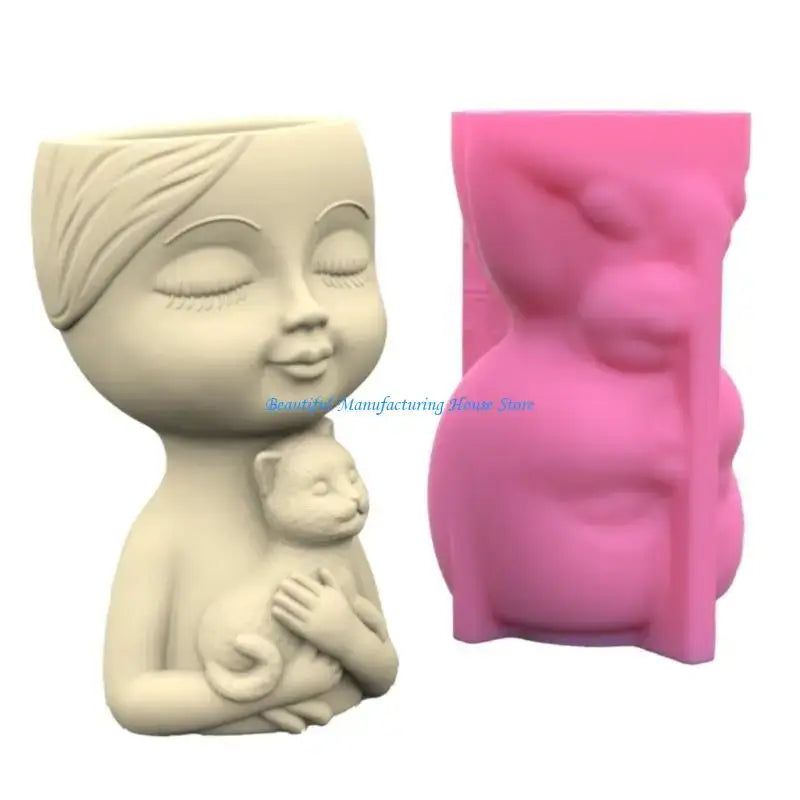 E56A Silicone Mold for Succulent Plant Pots Mini Garden Statues Boy and Puppy Flower Pot Mold Unique Pen Holder Resin Molds