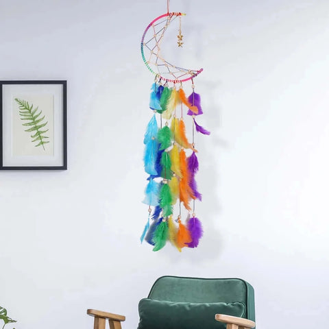 Moon Rainbow Color Feathers Beads Pure Handmade Long Dream Catcher.