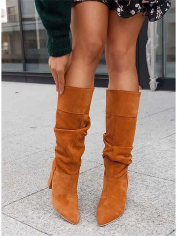 Women Boots 2023 Winter Designer Luxury Faux Suede Casual High Heels.