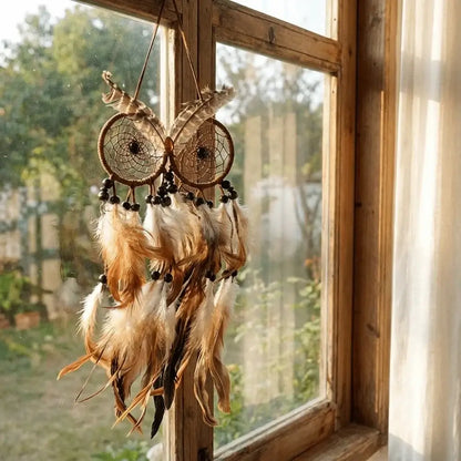 Nordic Style Owl Shaped Dream Catcher Handcrafted Brown Feathers Wind Chimes Circular Net Dreamcatcher Net Bedroom