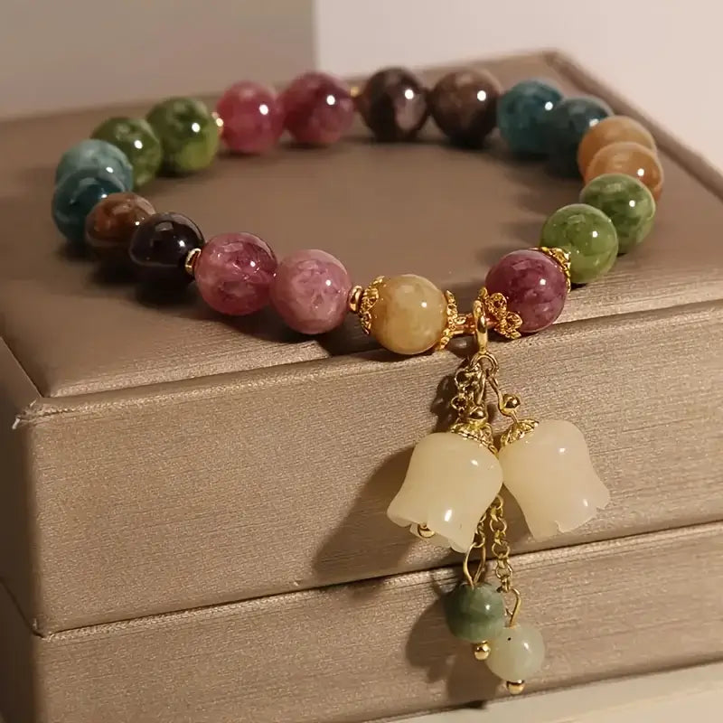 1pc Chinese Style Multi Gemstone Beaded Bracelet Lily of The Valley Pendant Bracelet Vintage Healing Stone Bracelet Elegant Daily Wear Jewelry For Women