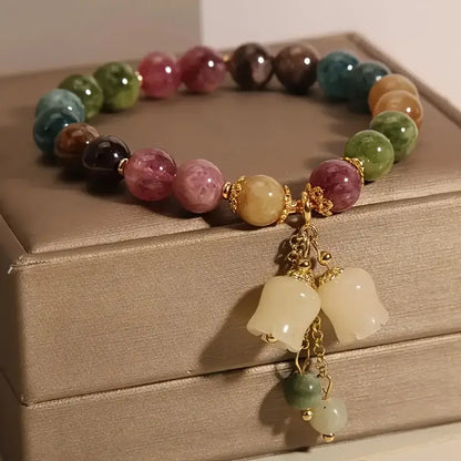 1pc Chinese Style Multi Gemstone Beaded Bracelet Lily of The Valley Pendant Bracelet Vintage Healing Stone Bracelet Elegant Daily Wear Jewelry For Women