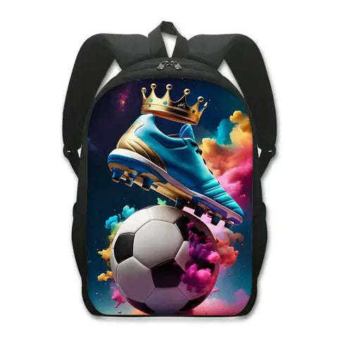 Cool Golden Soccer with Crown Print Backpack Football Sport Rucksack.