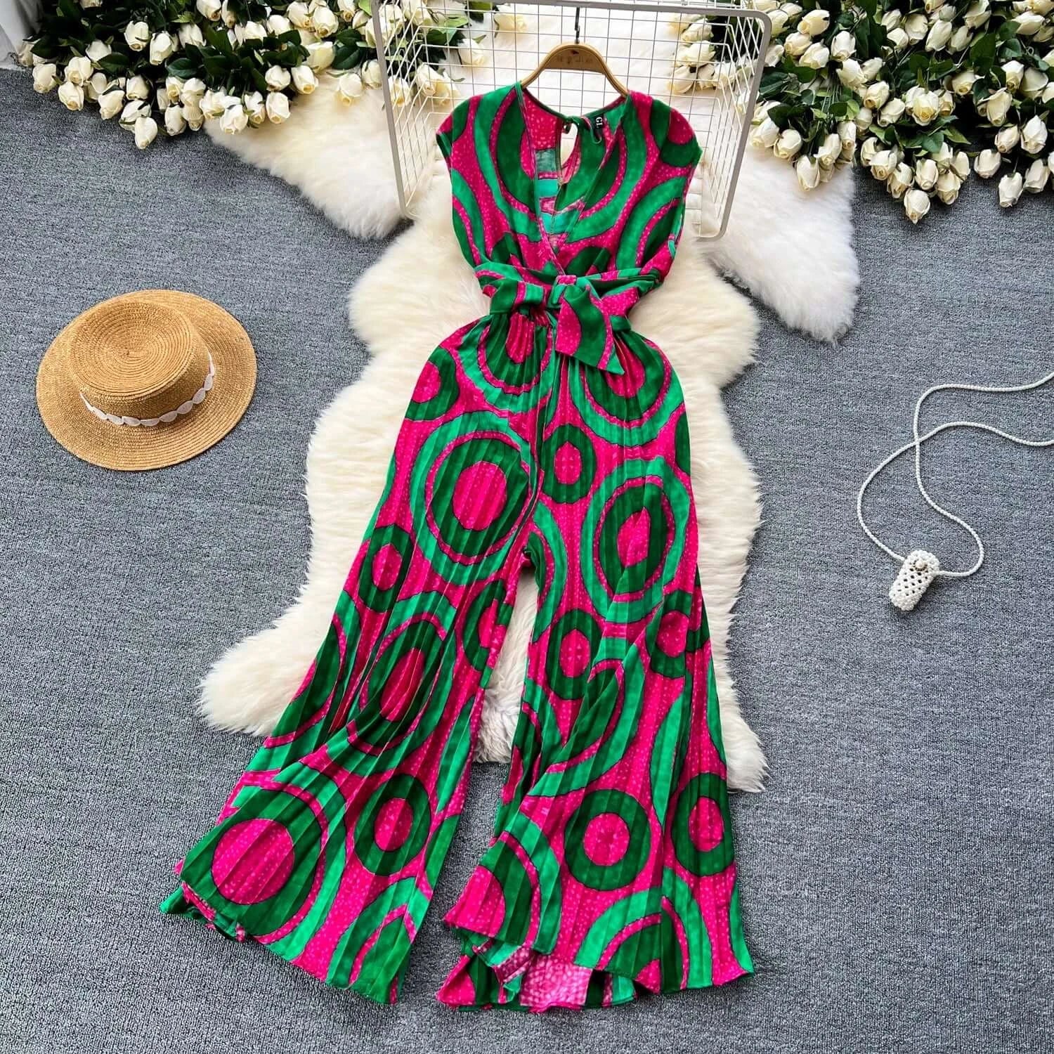Chic Summer Jumpsuit - Abstract Print Wide Leg Romper