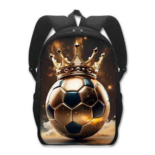 Cool Golden Soccer with Crown Print Backpack Football Sport Rucksack.