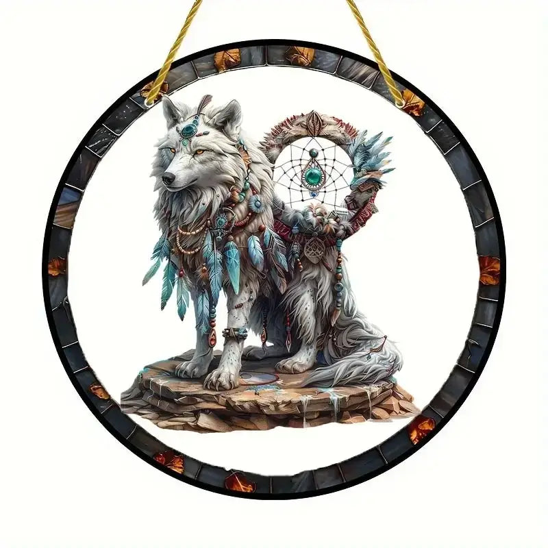 Wolf and Dream Catcher Acrylic Sunlight Catcher, Suitable for Home Porch, Courtyard and Garden Decoration, A Gift for Loved Ones