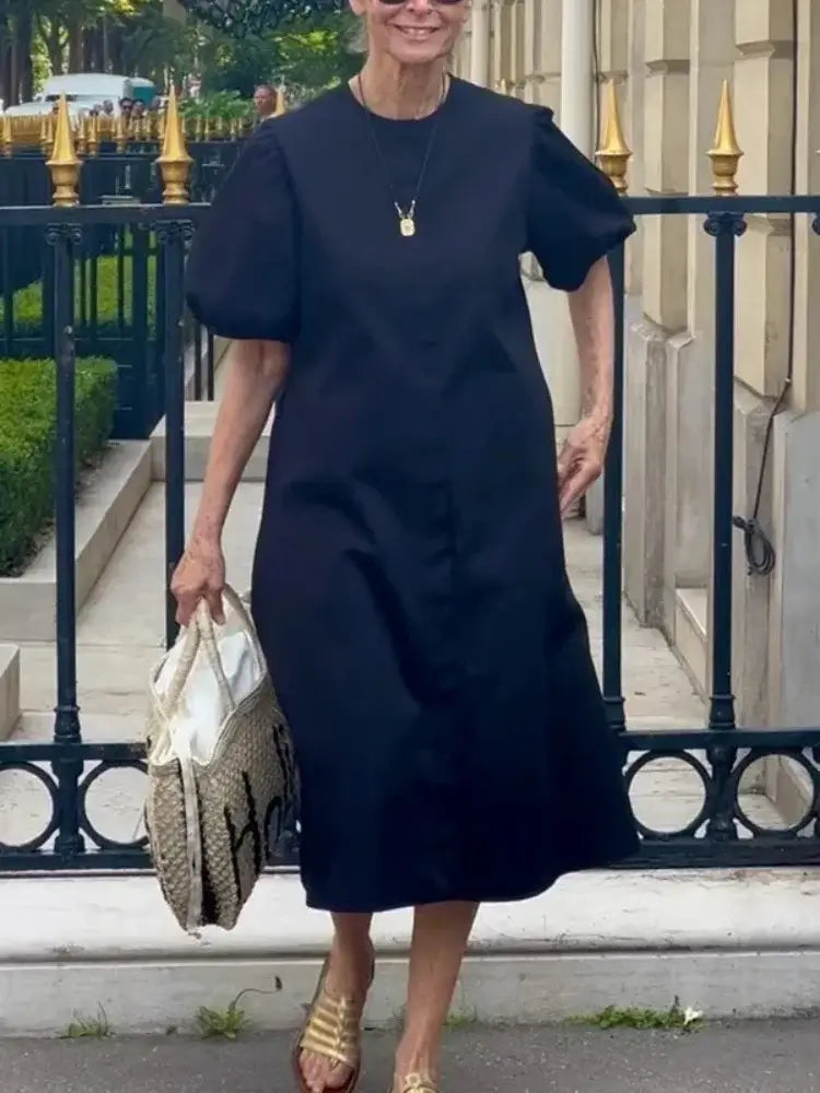 Women Summer Casual Dress 2025 New Trendy Round-neck Green Black Simple Short Sleeves A-line Mini Dresses for Woman