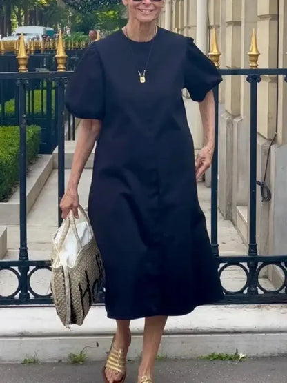 Women Summer Casual Dress 2025 New Trendy Round-neck Green Black Simple Short Sleeves A-line Mini Dresses for Woman