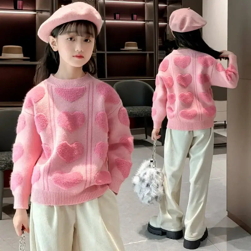 New Autumn Kids Girls Pink Color Sweater with 3D Hearts Pettern Children Elegant Fashion Knitted Clothing 5 7 9 11 13 14 Years